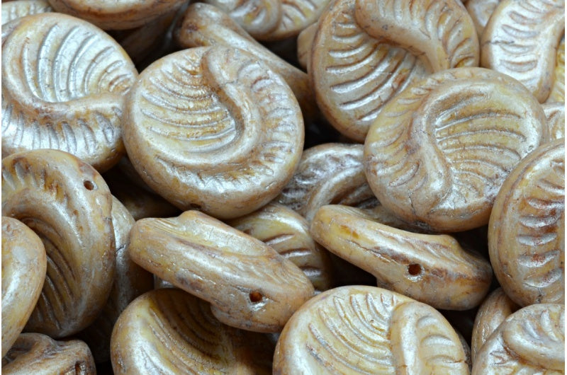 化石コインビーズ、白クリーム光沢斑点(02010-65321)、ガラス、チェコ共和国