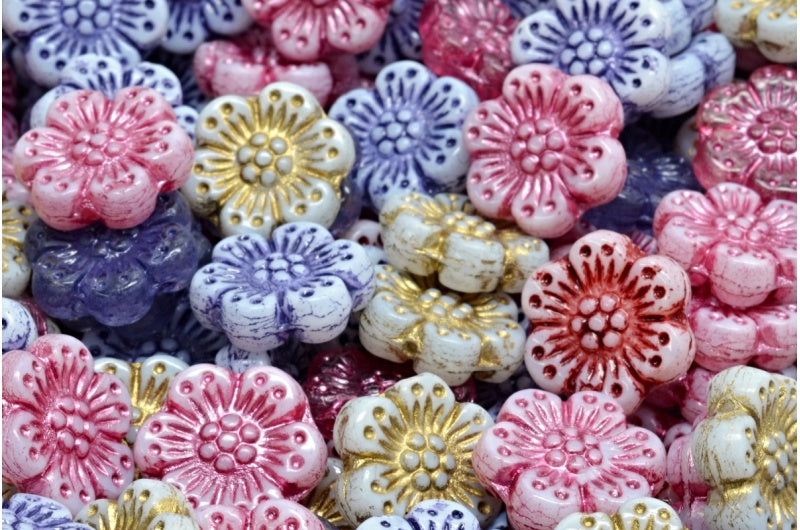 OUTLET 10 grams Boho Flower Beads, 14 x 14 mm, Mixed Colors (00001-mix), Glass, Czech Republic