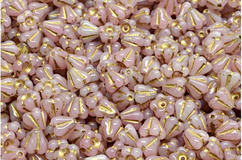 Bell Flower Beads, Pink D Gold Lined (07724-D-54302), Glass, Czech Republic