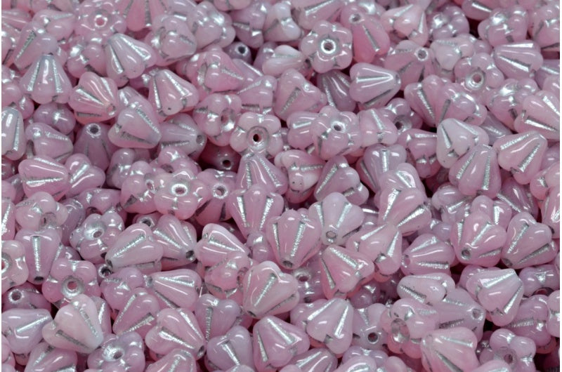Bell Flower Beads, Pink D Silver Lined (07724-D-54301), Glass, Czech Republic