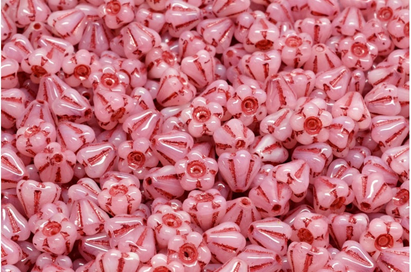 Bell Flower Beads, Pink D Red Lined (07724-D-54314), Glass, Czech Republic