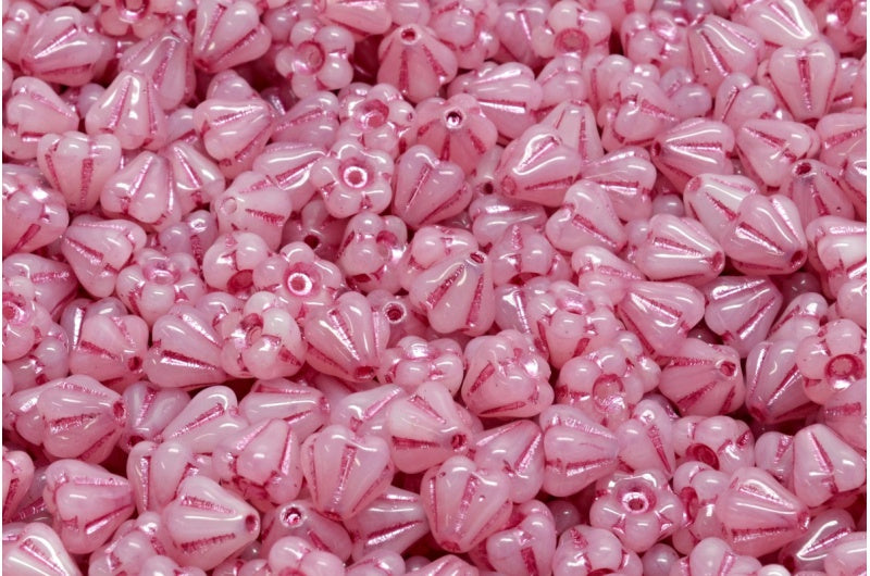 Bell Flower Beads, Pink D Pink Lined (07724-D-54321), Glass, Czech Republic