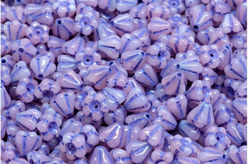 Bell Flower Beads, Pink D Blue Lined (07724-D-54325), Glass, Czech Republic