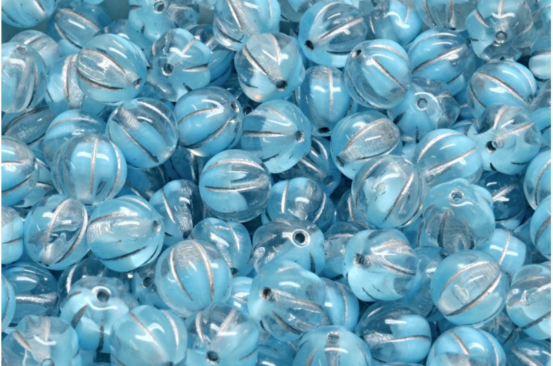 メロンビーズ、ブルーシルバーライン(R0641-54301)、ガラス、チェコ共和国