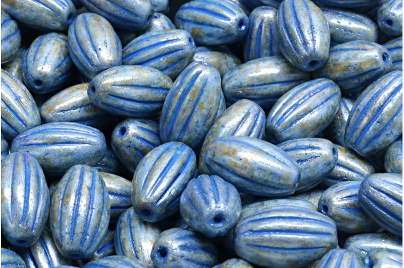 Olive Melon Beads, White Green Luster Spotted Blue Lined (02010-65325-54309), Glass, Czech Republic
