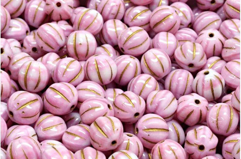 Melon Beads, Pink Gold Lined (07724-54302), Glass, Czech Republic