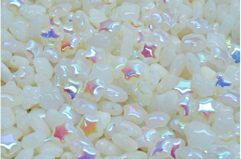 Flat Star Beads, White Ab (02010-28701), Glass, Czech Republic