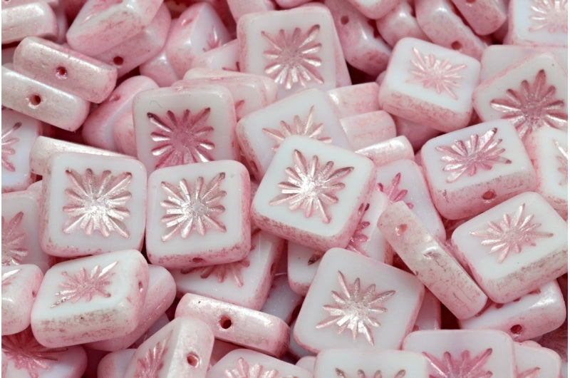 OUTLET 10 grams Table Cut Square Kiwi Beads, 10 x 10 mm, Chalk White Pink Lined (03000-04321), Glass, Czech Republic