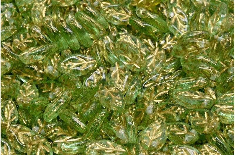 Cherry Leaf Beads, Transparent Green Gold Lined (50500-54302), Glass, Czech Republic