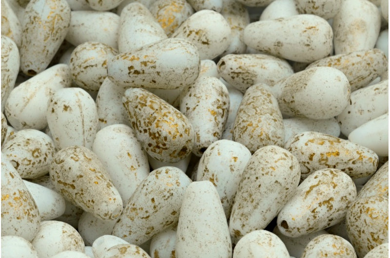 ドロップビーズ、ホワイトエッチングゴールドライン(02010-etch-54302)、ガラス、チェコ共和国