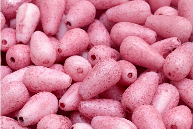 ドロップビーズ、ホワイトエッチング、ピンクライン(02010-etch-54321)、ガラス、チェコ共和国