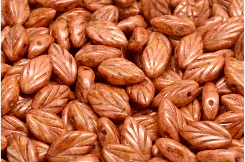 山毛榉叶珠,白色铜光泽斑点 (02010-65324),玻璃,捷克共和国