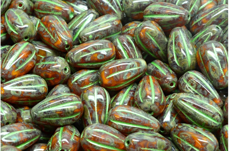 OUTLET 10 grams Drop Melon Beads, 13 x 8 mm, 81250 Travertin Green (81250-86800-43813), Glass, Czech Republic