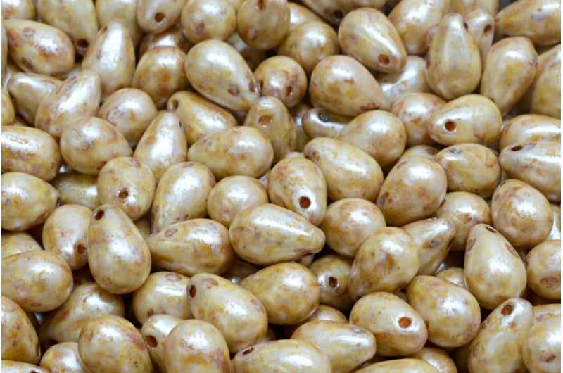 Drop Beads, White Cream Luster Spotted (02010-65321), Glass, Czech Republic
