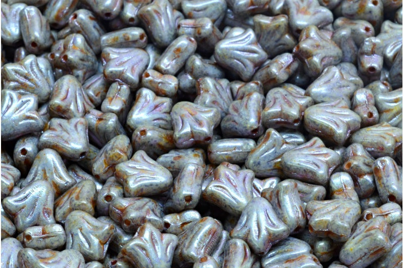 OUTLET 10 grams Lily Flower Beads, 9 x 9 mm, White Purple Brown Luster Spotted (02010-65329), Glass, Czech Republic