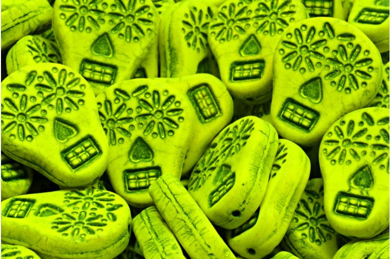 糖头骨珠,白色黑色内衬黄色 (02010-46441-25121),玻璃,捷克共和国