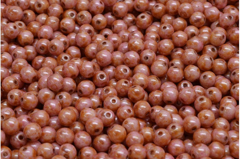 Round Druck Beads, White Orange Pink Luster Spotted (02010-65307), Glass, Czech Republic