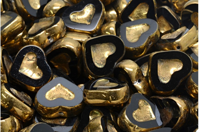 OUTLET 10 grams Table Cut Heart Beads, 14 x 12 mm, Black Brass (23980-90215), Glass, Czech Republic