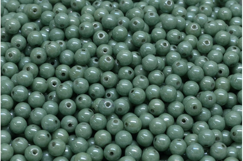 Round Druck Beads, White Luster Green Full Coated (02010-14459), Glass, Czech Republic