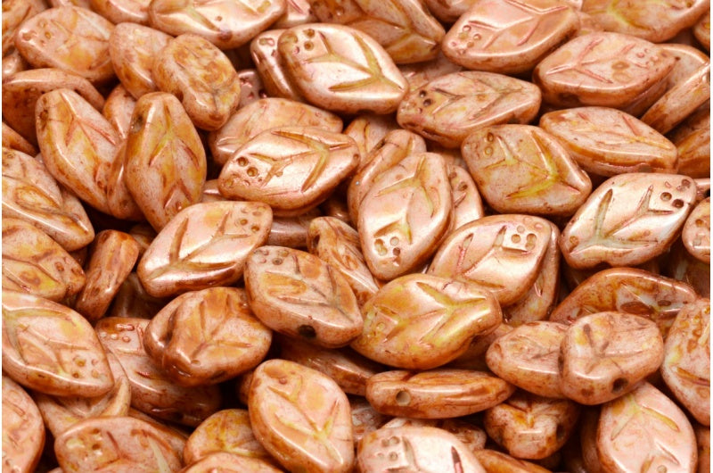 Cherry Leaf Beads, White Copper Luster Spotted (02010-65324), Glass, Czech Republic