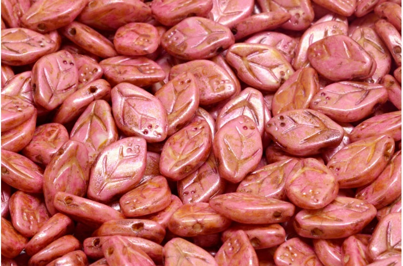 Cherry Leaf Beads, White Rose Luster Spotted (02010-65327), Glass, Czech Republic