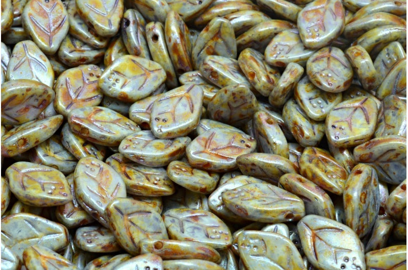 チェリーリーフビーズ、白紫茶色光沢斑点(02010-65329)、ガラス、チェコ共和国