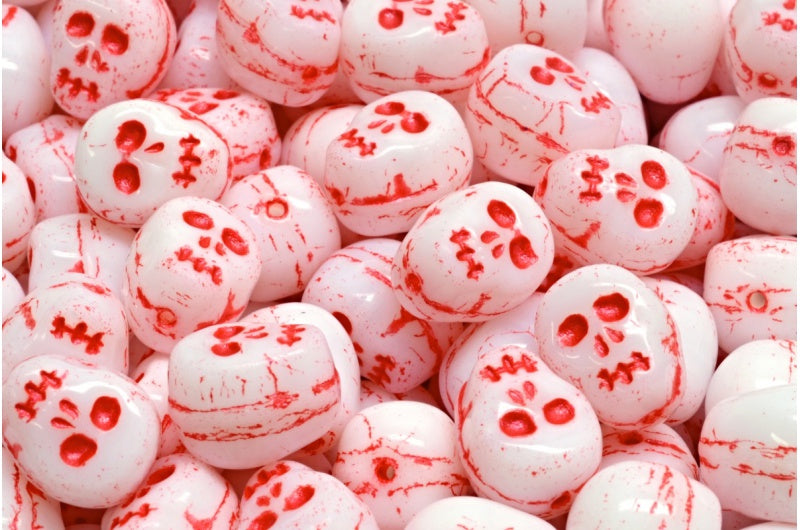 OUTLET 10 grams Skull Beads, 12 x 12 mm, White Red Lined (02010-43808), Glass, Czech Republic