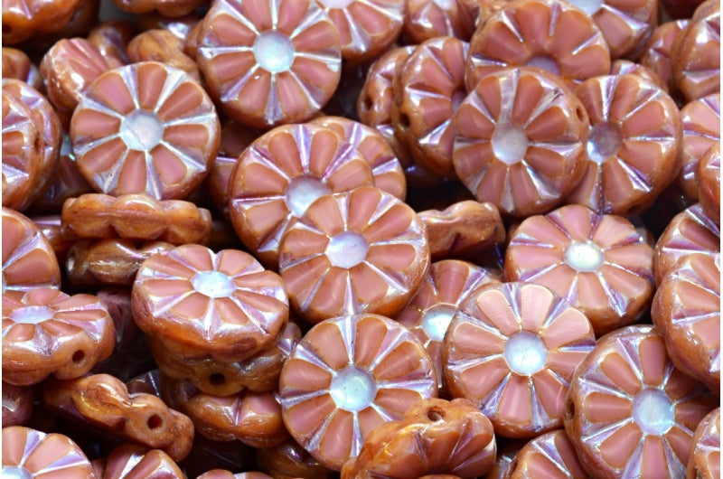 Table Cut Polished Sunflower Beads, Opaque Pink Travertin Ab Full (2X Side) (74020-86800-28703), Glass, Czech Republic