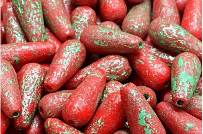 ドロップビーズ、不透明レッドエッチング 54322 (93200-etch-54322)、ガラス、チェコ共和国