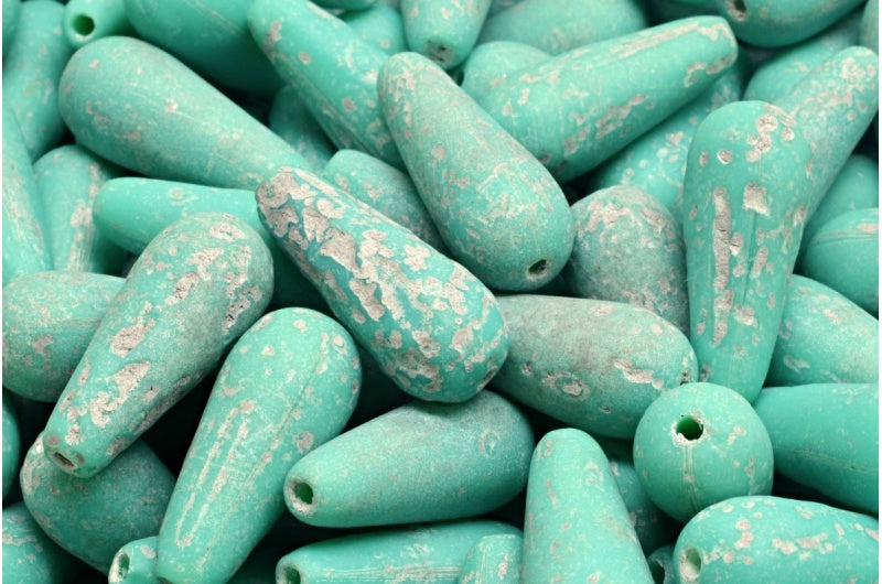 アウトレット 10グラム ドロップビーズ、20 x 9 mm、ターコイズエッチングシルバーライン(63130-ETCH-54301)、ガラス、チェコ共和国