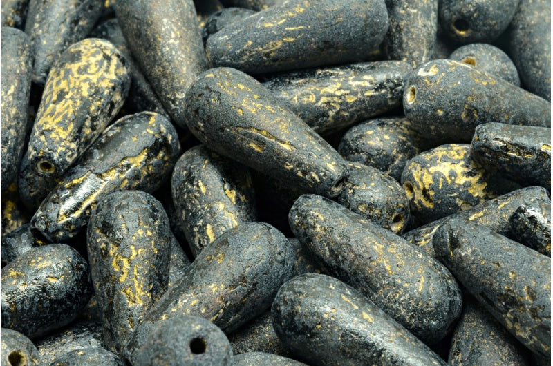 ドロップビーズ、ブラックエッチングゴールドライン(23980-etch-54302)、ガラス、チェコ共和国