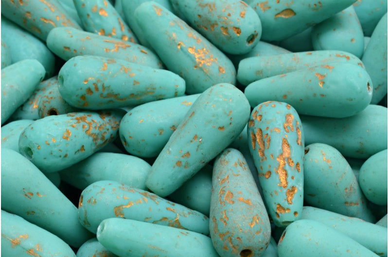OUTLET 10 grams Drop Beads, 20 x 9 mm, Turquoise Etched Gold Lined (63130-ETCH-54302), Glass, Czech Republic