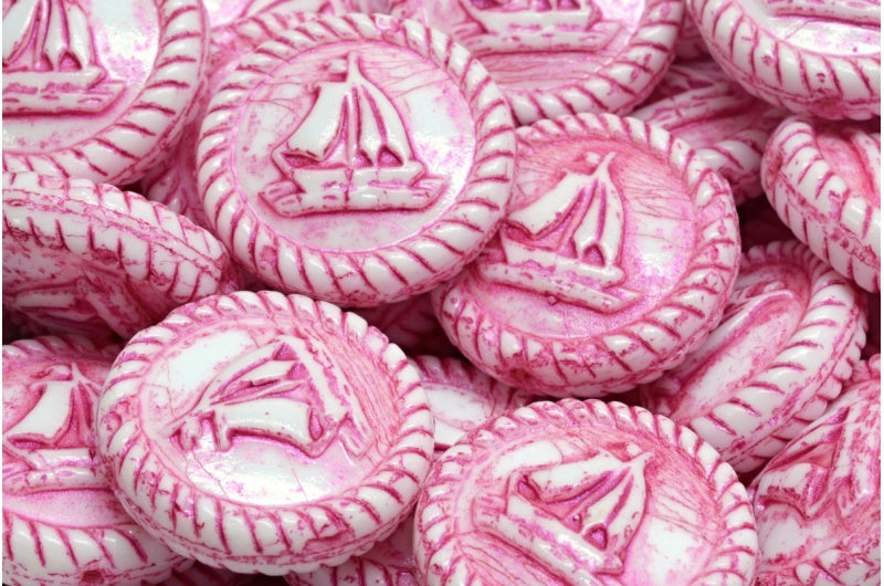 Boat Medallion, White Pink Lined (02010-43807), Glass, Czech Republic