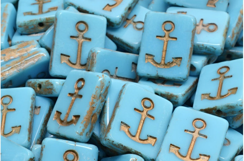 OUTLET 10 grams Table Cut Rectangle Beads With Anchor, 18 x 12 mm, Turquoise Blue Dirty Gold (63030-04302), Glass, Czech Republic
