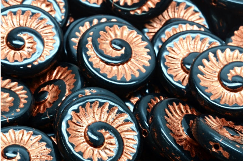 OUTLET 10 grams Fossil Shell Beads, 18 x 18 mm, Black Copper Lined (23980-54319), Glass, Czech Republic