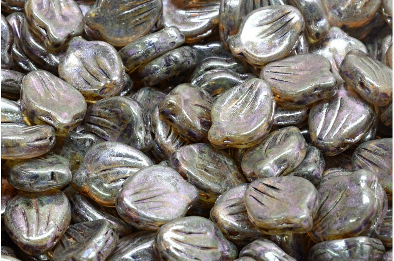 牡丹の花びらビーズ、クリスタルパープルブラウン光沢斑点(00030-65329)、ガラス、チェコ共和国