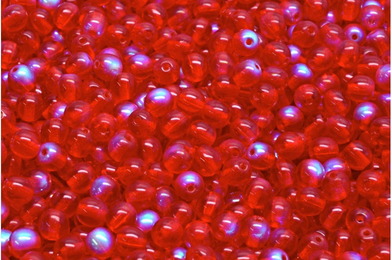 Round Druck Beads, Ruby Red Ab (90080-28701), Glass, Czech Republic