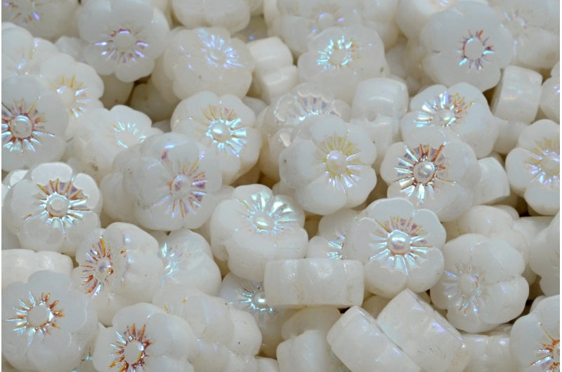 Table Cut Hawaii Flower Beads, White Ab Full (2X Side) (02010-28703), Glass, Czech Republic
