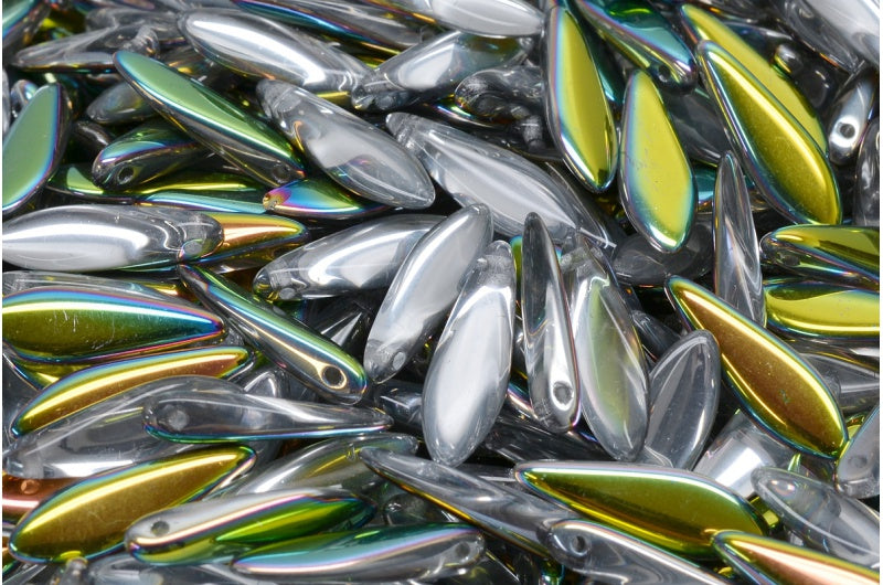OUTLET 10 grams Dagger Beads, 5 x 16 mm, Crystal Crystal Vitrail Medium Coating (00030-28101), Glass, Czech Republic