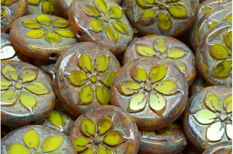 OUTLET 10 grams Table Cut Coin Flower Beads, 18 x 18 mm, Opal Yellow Travertin (81210-86800), Glass, Czech Republic