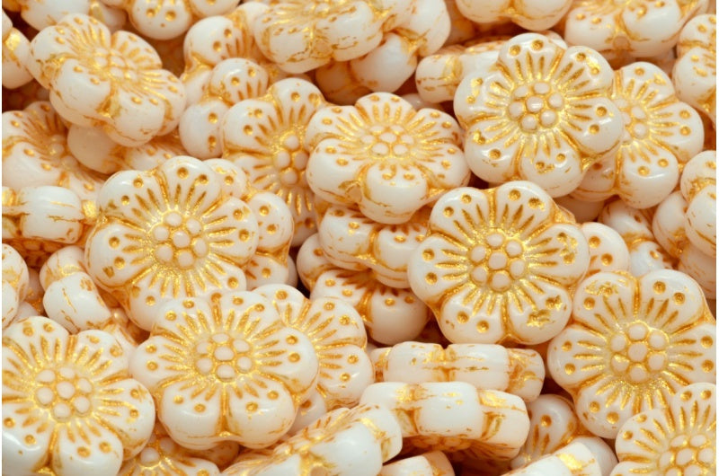 ボヘミアンフラワービーズ、ホワイトゴールドライン(02010-43804)、ガラス、チェコ共和国