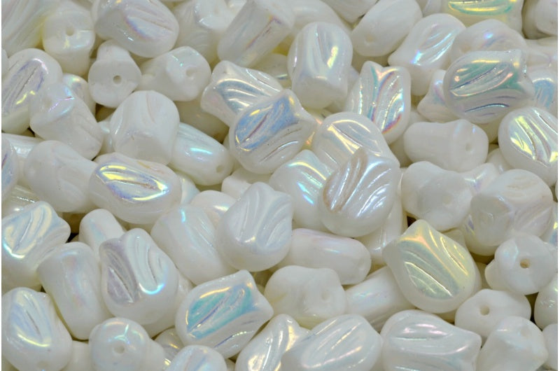 Mini Tulip Beads, White Ab Full (2X Side) (02010-28703), Glass, Czech Republic