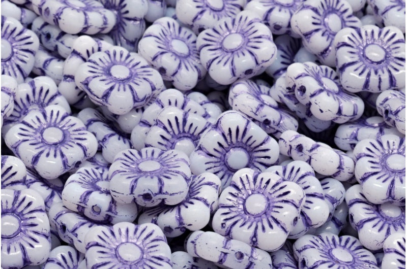 Square Flower Beads, White Blue Lined (02010-54325), Glass, Czech Republic