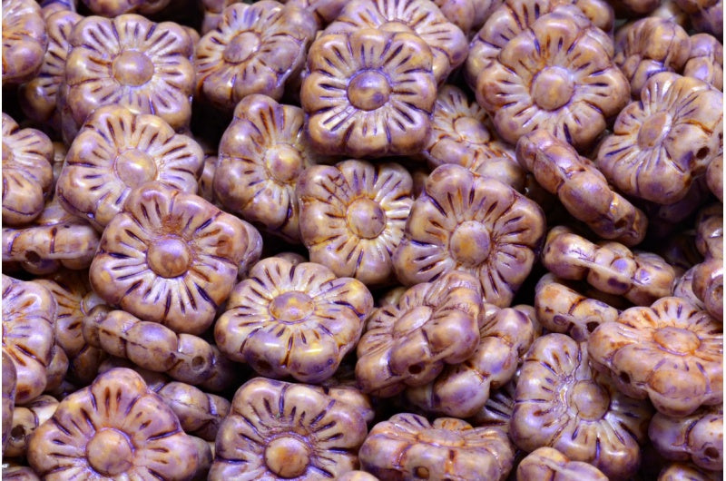 Square Flower Beads, White Travertin Puprple (02010-65328), Glass, Czech Republic