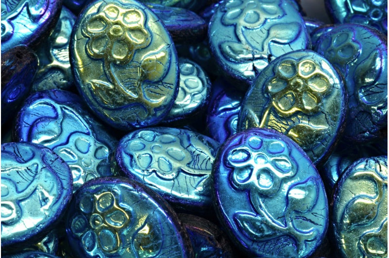 OUTLET 10 grams Oval With Flower Beads, 21 x 16 mm, Black Ab Full (2X Side) (23980-28703), Glass, Czech Republic