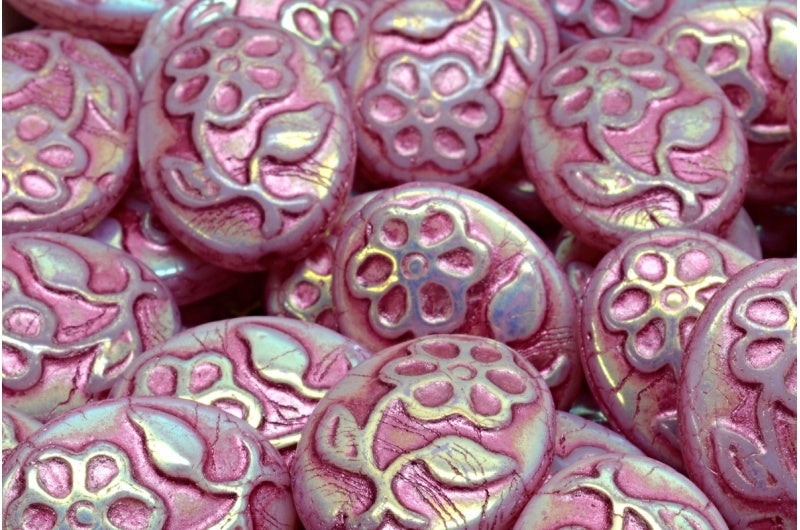 OUTLET 10 grams Oval With Flower Beads, White Ab Full (2X Side) Pink Lined (02010-28703-54321), Glass, Czech Republic