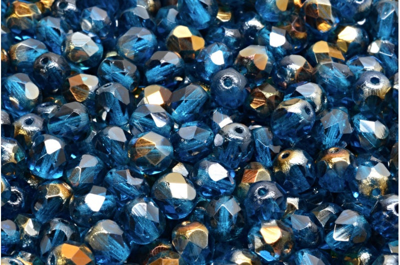 ファセットラウンドファイアポリッシュビーズ、透明アクアクリスタルブロンズカプリ(60080-22601)、ガラス、チェコ共和国