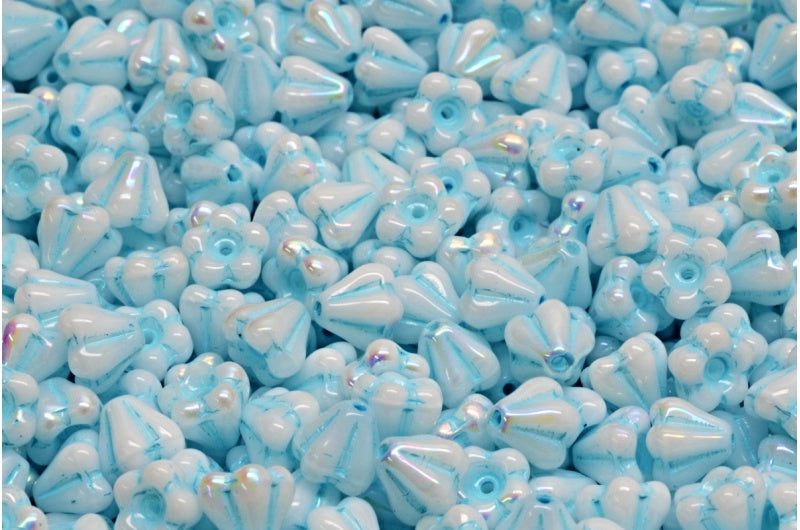 Bell Flower Beads, White Ab Light Blue Lined (02010-28701-54308), Glass, Czech Republic