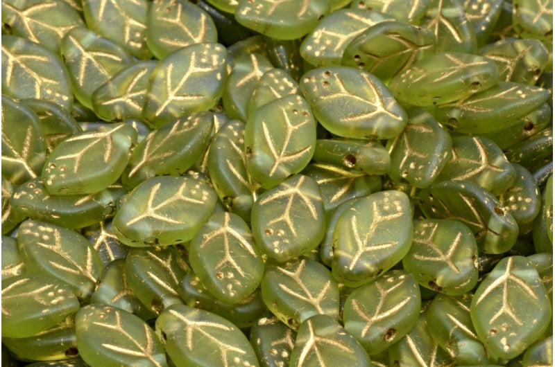 Cherry Leaf Beads, Transparent Green Matte Gold Lined (50220-84100-54302), Glass, Czech Republic