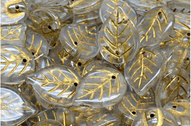 OUTLET 10 grams Apple Leaf Beads, 18 x 13 mm, Crystal Gold Lined (00030-54302), Glass, Czech Republic